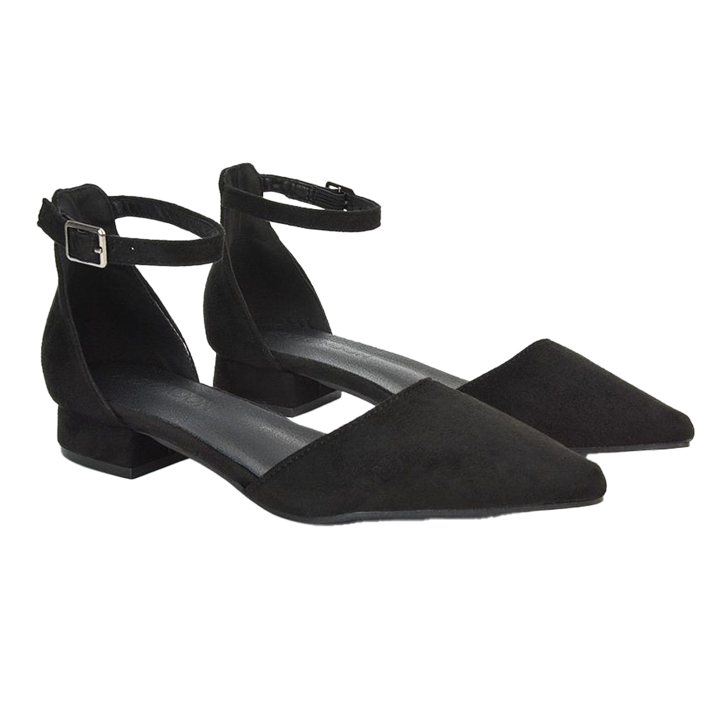 Jet Black - Side - XY London Womens-Ladies Jenny Ankle Strap Low Heel Court Shoes