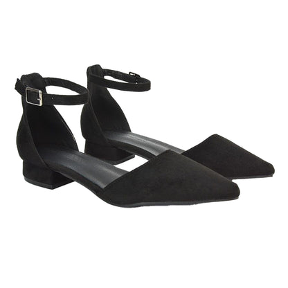 Jet Black - Side - XY London Womens-Ladies Jenny Ankle Strap Low Heel Court Shoes
