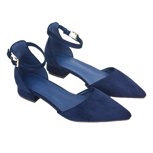 Navy - Front - XY London Womens-Ladies Jenny Ankle Strap Low Heel Court Shoes