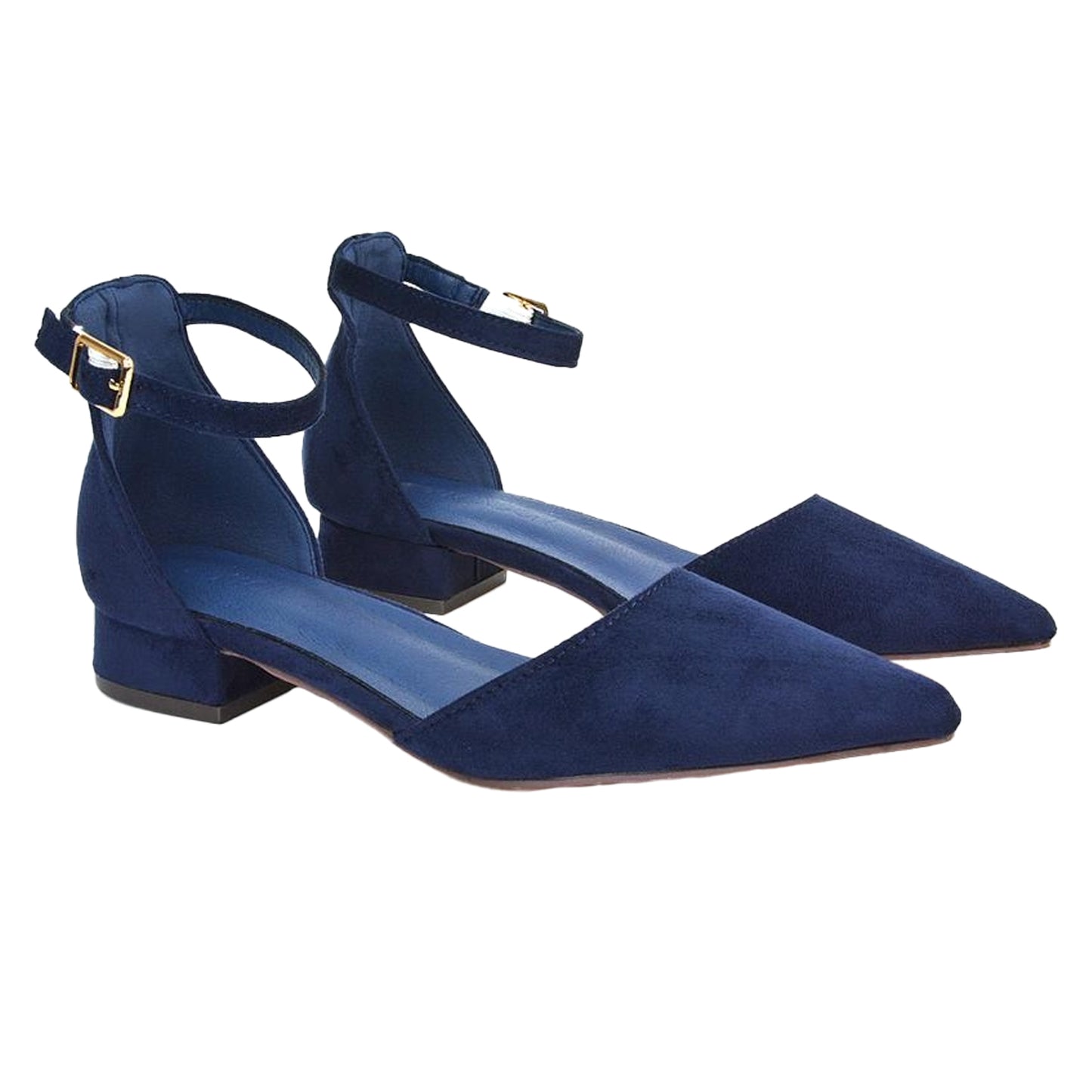 Navy - Side - XY London Womens-Ladies Jenny Ankle Strap Low Heel Court Shoes