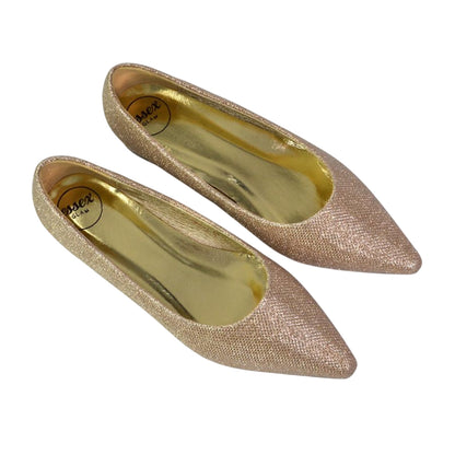 Gold - Side - XY London Womens-Ladies Karen Glitter Pointed Low Heel Court Shoes