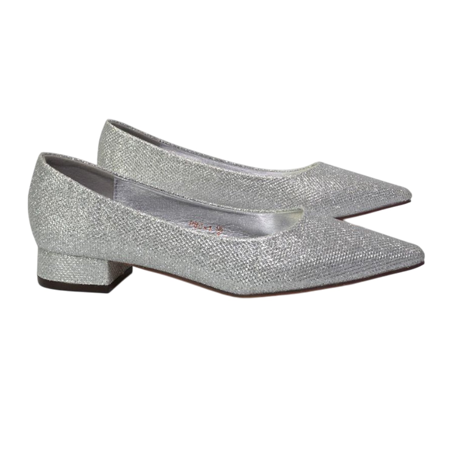 Silver - Side - XY London Womens-Ladies Karen Glitter Pointed Low Heel Court Shoes