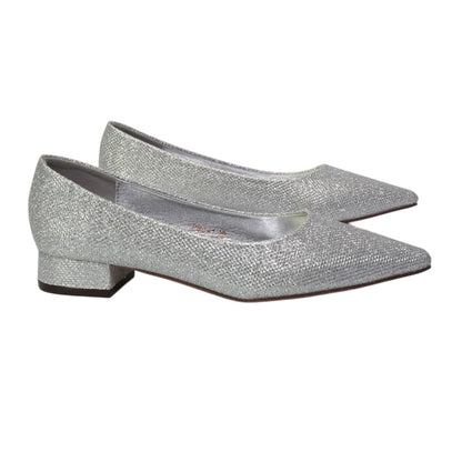 Silver - Side - XY London Womens-Ladies Karen Glitter Pointed Low Heel Court Shoes