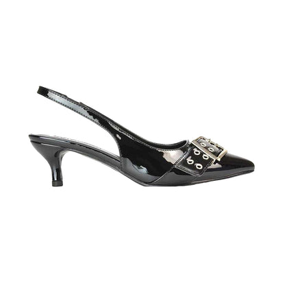 True Black - Pack Shot - XY London Womens-Ladies Lexi Patent Sling Back Buckle Detail Kitten Heel Sandals