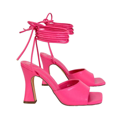 Pink - Back - XY London Womens-Ladies Flora Strappy Square Toe Block Heel High Heels