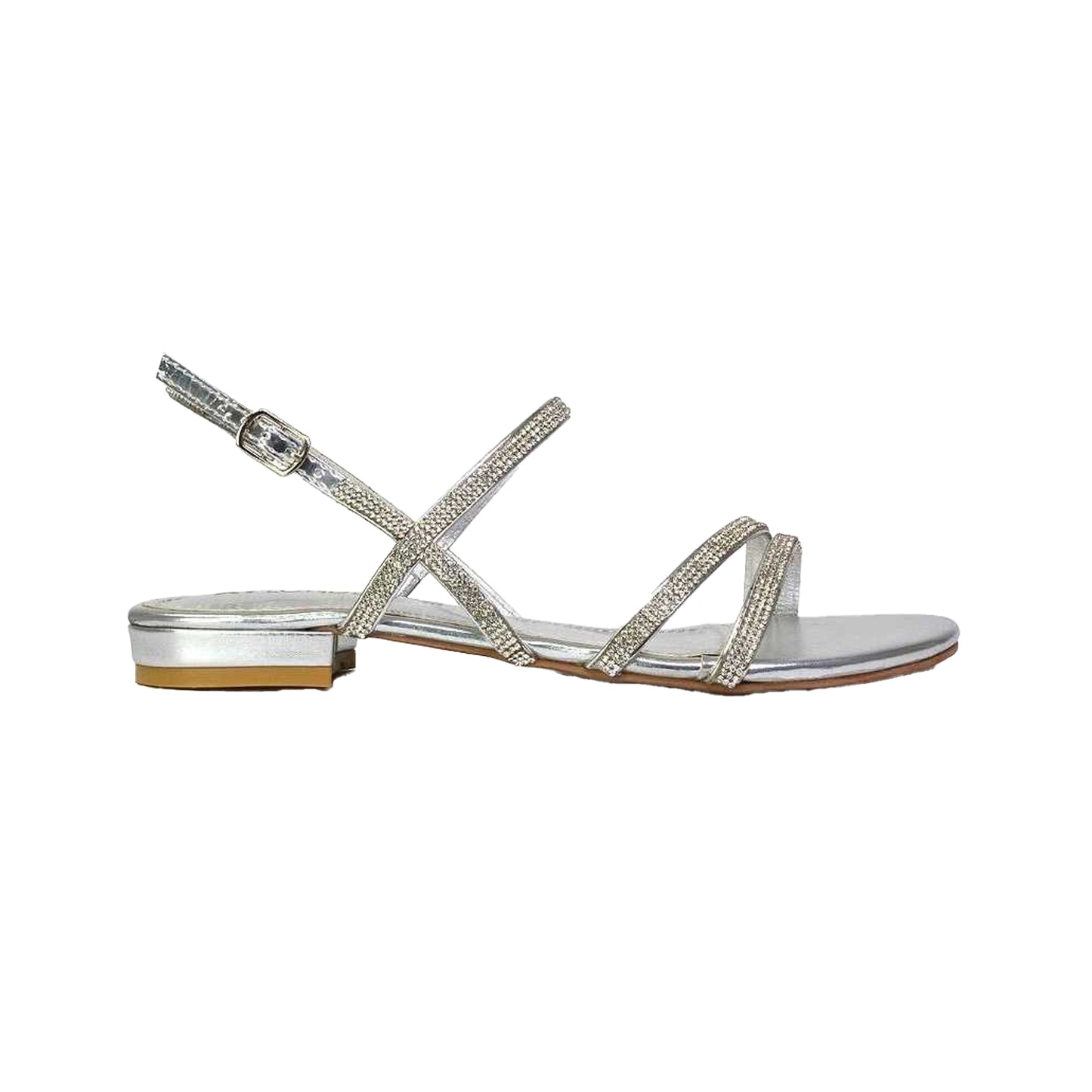 Silver - Side - XY London Womens-Ladies Orla Diamante Strappy Summer Flat Sandals