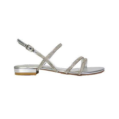 Silver - Side - XY London Womens-Ladies Orla Diamante Strappy Summer Flat Sandals