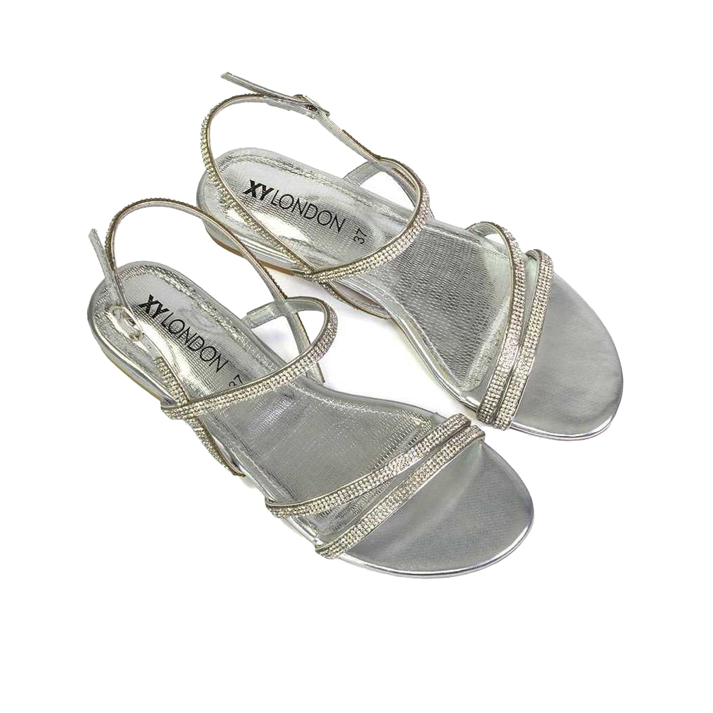 Silver - Pack Shot - XY London Womens-Ladies Orla Diamante Strappy Summer Flat Sandals