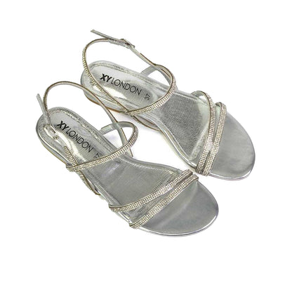 Silver - Pack Shot - XY London Womens-Ladies Orla Diamante Strappy Summer Flat Sandals