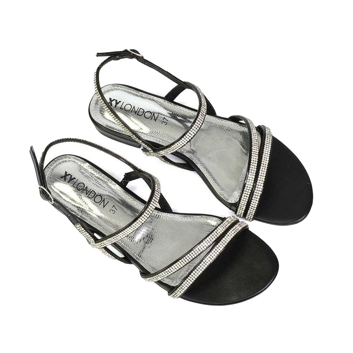 Black - Front - XY London Womens-Ladies Orla Diamante Strappy Summer Flat Sandals