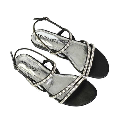 Black - Front - XY London Womens-Ladies Orla Diamante Strappy Summer Flat Sandals