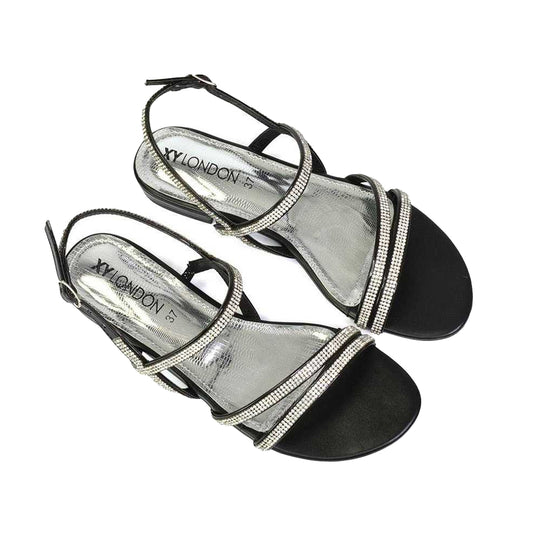 Black - Front - XY London Womens-Ladies Orla Diamante Strappy Summer Flat Sandals