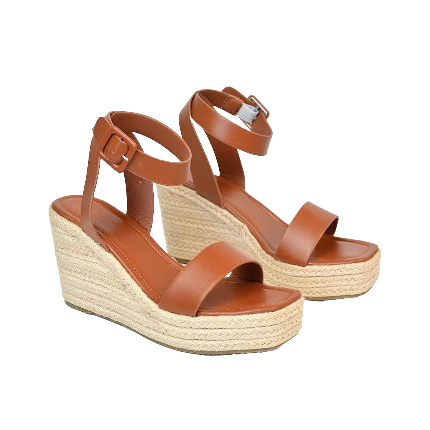 Tan - Close up - XY London Womens-Ladies Linda Strappy Platform Heel Wedge Sandals
