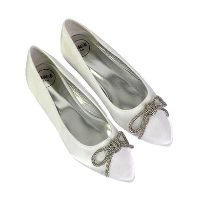 White - Lifestyle - XY London Womens-Ladies Blossom Bow Diamante Pointed Ballerina Flats