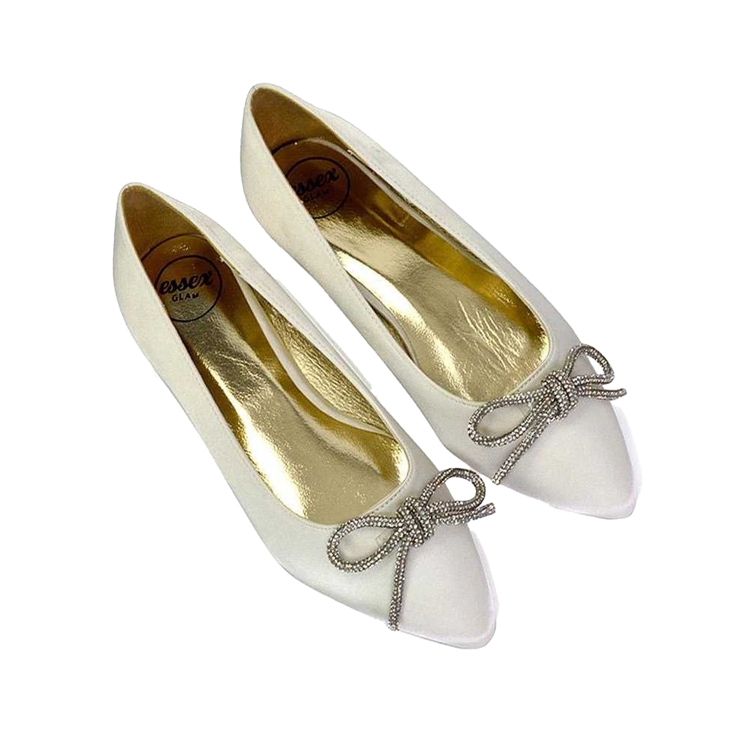 Ivory - Side - XY London Womens-Ladies Blossom Bow Diamante Pointed Ballerina Flats