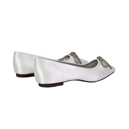 White - Side - XY London Womens-Ladies Blossom Bow Diamante Pointed Ballerina Flats