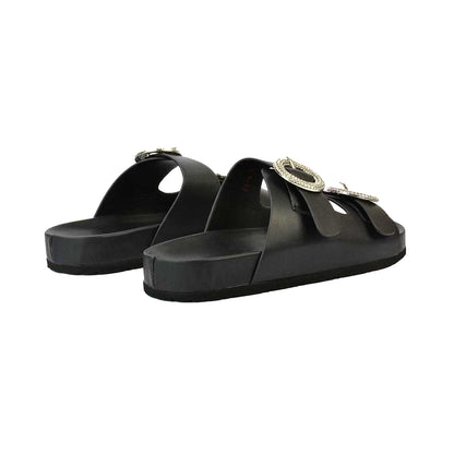 Black - Back - XY London Womens-Ladies Reggie Diamante Double Strap Flat Sandals