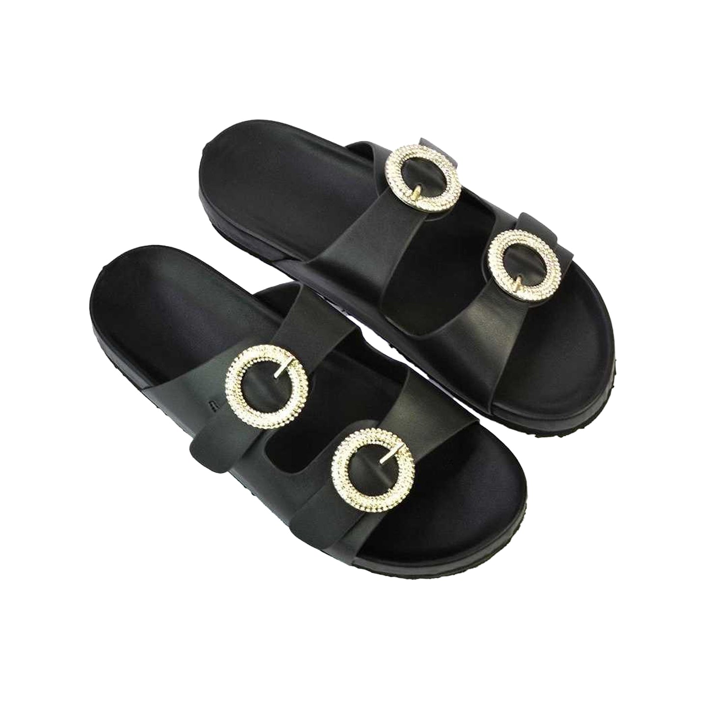 Black - Side - XY London Womens-Ladies Reggie Diamante Double Strap Flat Sandals