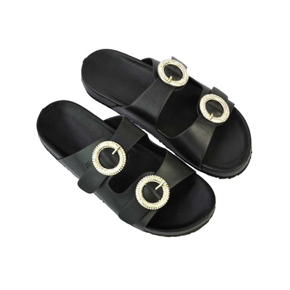 Black - Side - XY London Womens-Ladies Reggie Diamante Double Strap Flat Sandals