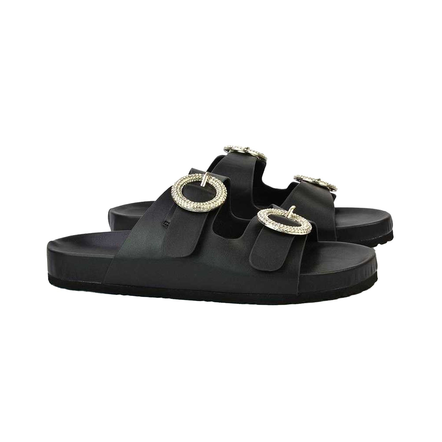 Black - Pack Shot - XY London Womens-Ladies Reggie Diamante Double Strap Flat Sandals