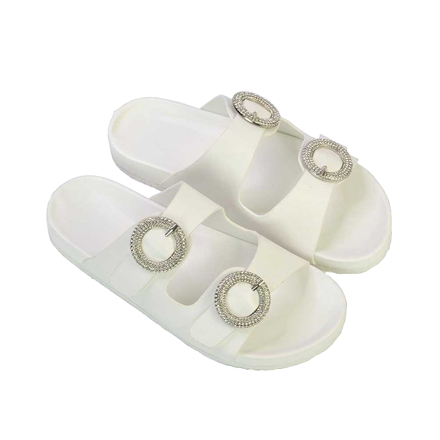 White - Side - XY London Womens-Ladies Reggie Diamante Double Strap Flat Sandals