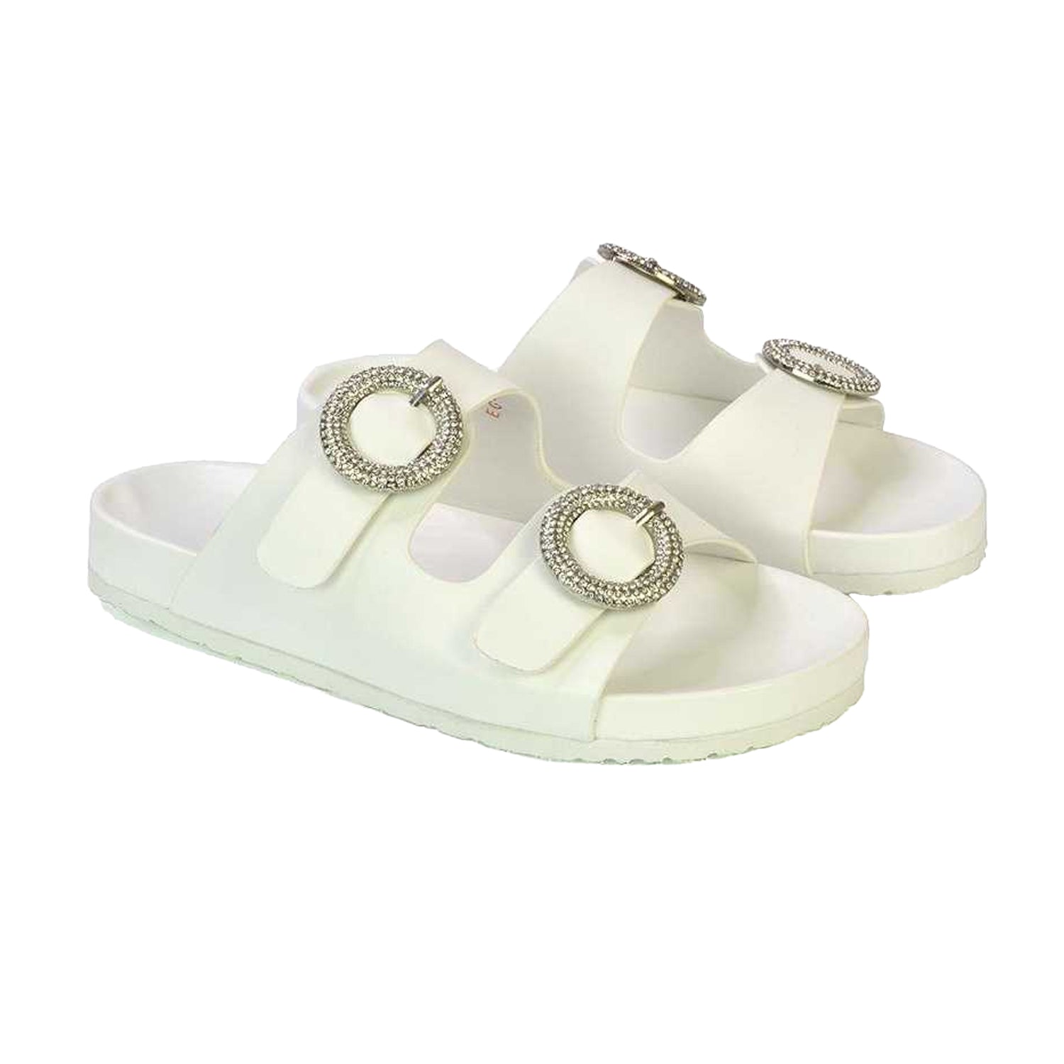 White - Pack Shot - XY London Womens-Ladies Reggie Diamante Double Strap Flat Sandals