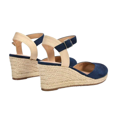 Navy - Back - XY London Womens-Ladies Joey Ankle Strap Wedge Espadrilles