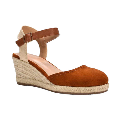 Tan - Front - XY London Womens-Ladies Joey Ankle Strap Wedge Espadrilles