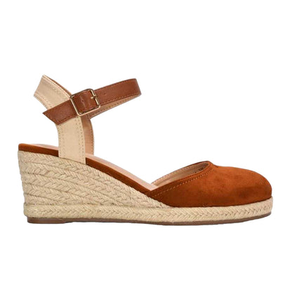 Tan - Side - XY London Womens-Ladies Joey Ankle Strap Wedge Espadrilles