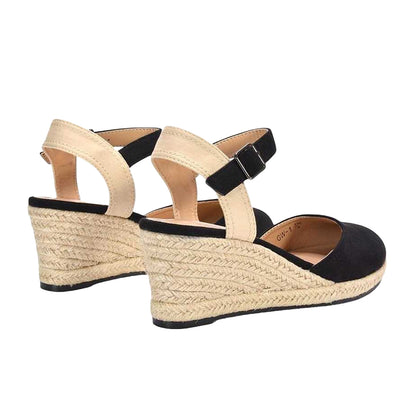 Black - Back - XY London Womens-Ladies Joey Ankle Strap Wedge Espadrilles
