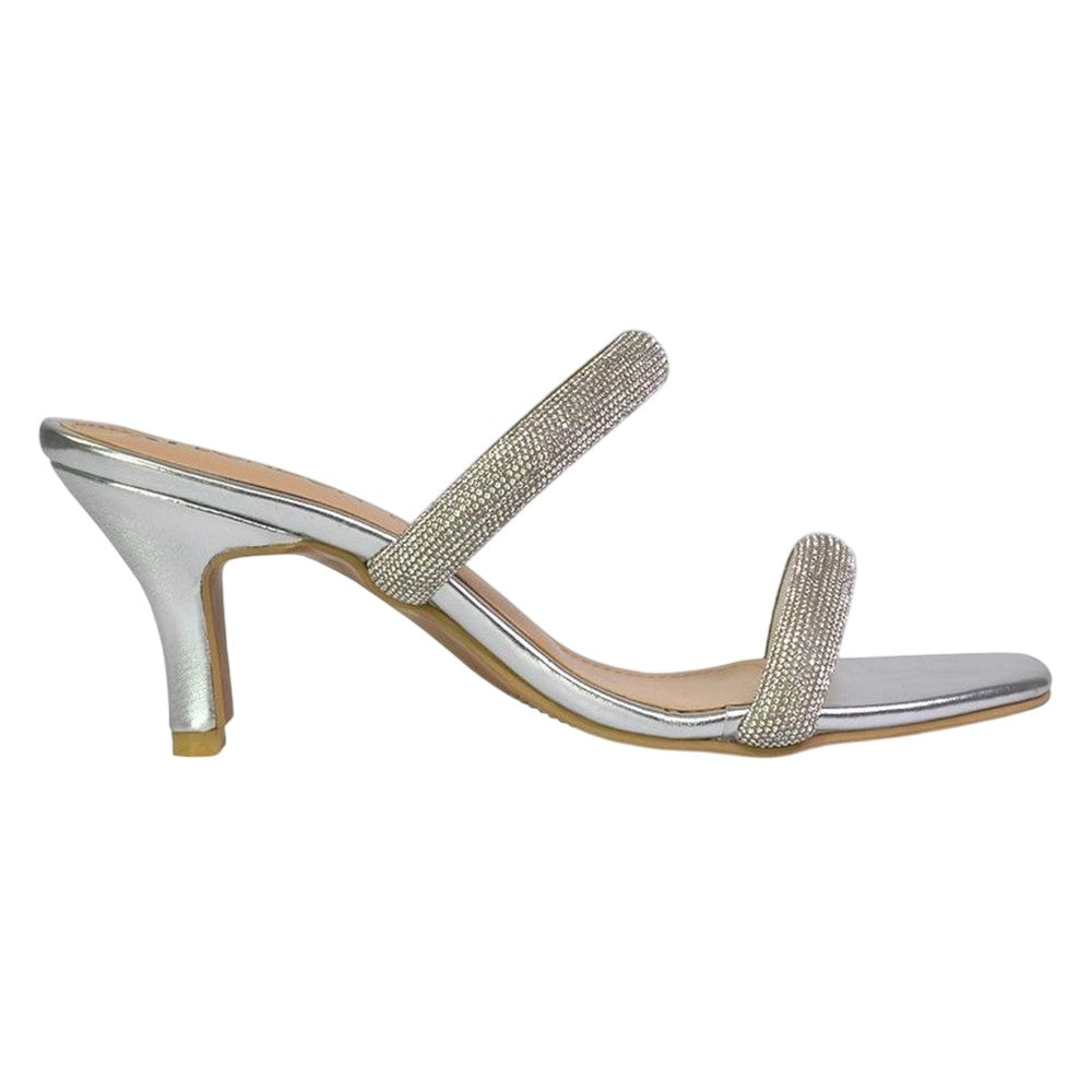 Silver - Side - XY London Womens-Ladies Nancy Diamante Square Toe Strappy Kitten Heel Mules