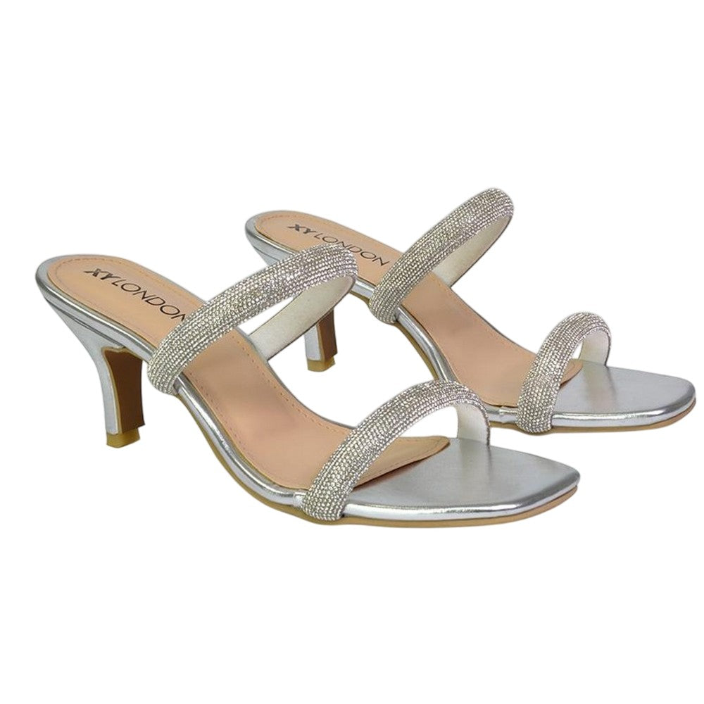 Silver - Lifestyle - XY London Womens-Ladies Nancy Diamante Square Toe Strappy Kitten Heel Mules