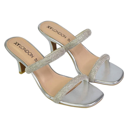 Silver - Front - XY London Womens-Ladies Nancy Diamante Square Toe Strappy Kitten Heel Mules
