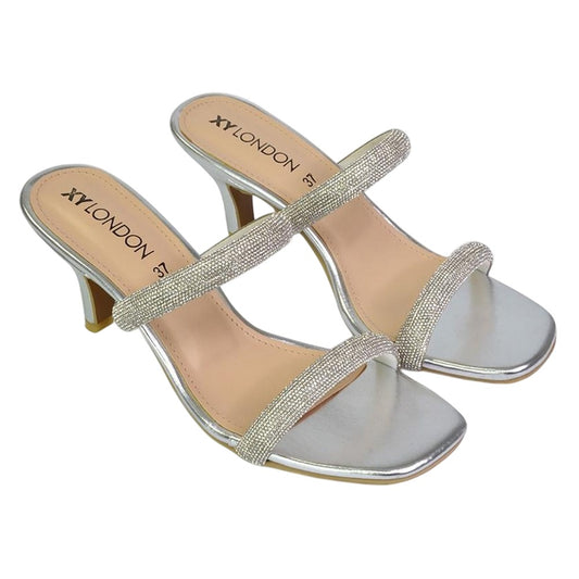 Silver - Front - XY London Womens-Ladies Nancy Diamante Square Toe Strappy Kitten Heel Mules