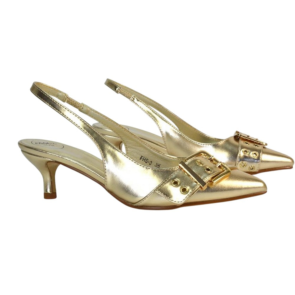 Metallic Gold - Pack Shot - XY London Womens-Ladies Lexi Metallic Low Kitten Heel Court Shoes