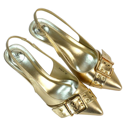 Metallic Gold - Close up - XY London Womens-Ladies Lexi Metallic Low Kitten Heel Court Shoes