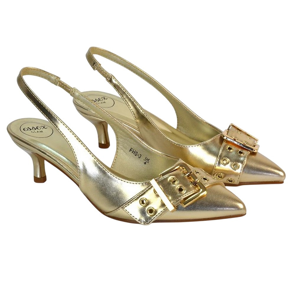 Metallic Gold - Front - XY London Womens-Ladies Lexi Metallic Low Kitten Heel Court Shoes