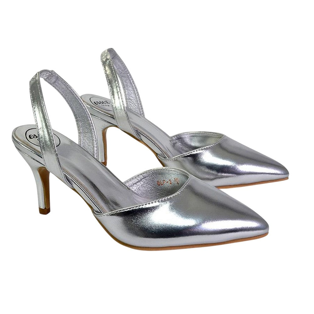 Metallic Silver - Pack Shot - XY London Womens-Ladies Imogen Metallic Sling Back Court Shoes