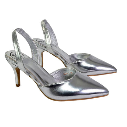 Metallic Silver - Pack Shot - XY London Womens-Ladies Imogen Metallic Sling Back Court Shoes