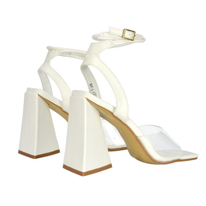 White - Back - XY London Womens-Ladies Dahlia Strappy Square Toe Block Heel High Heels