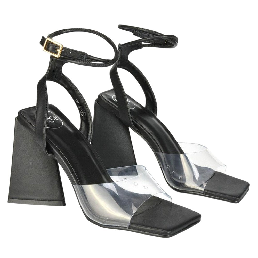 Black - Front - XY London Womens-Ladies Dahlia Strappy Square Toe Block Heel High Heels