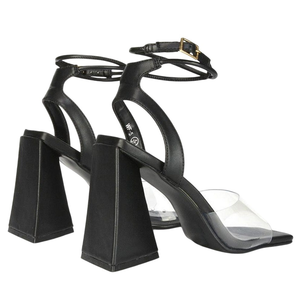 Black - Back - XY London Womens-Ladies Dahlia Strappy Square Toe Block Heel High Heels