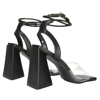 Black - Back - XY London Womens-Ladies Dahlia Strappy Square Toe Block Heel High Heels