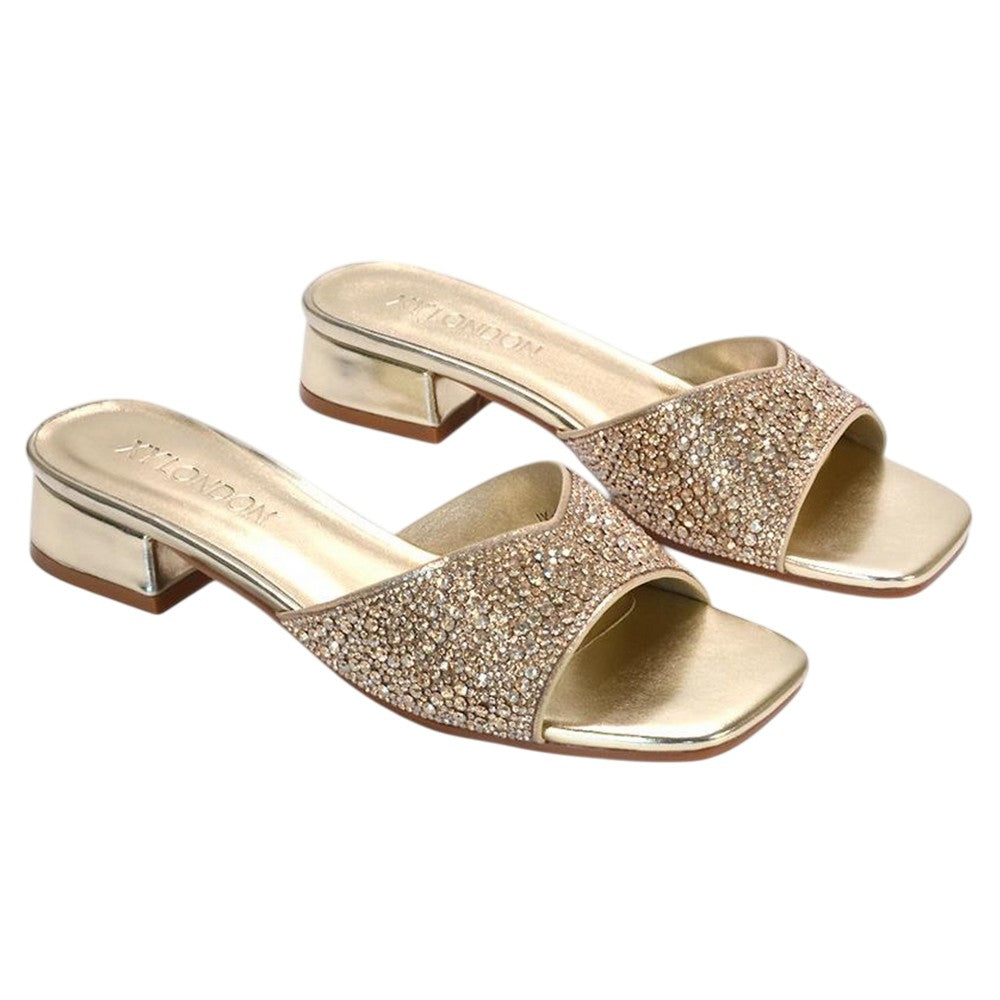 Metallic Gold - Front - XY London Womens-Ladies Erica Metallic Low Block Heel Mule Sandals