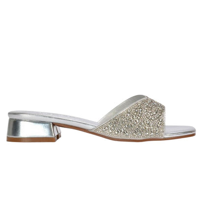 Metallic Silver - Side - XY London Womens-Ladies Erica Metallic Low Block Heel Mule Sandals