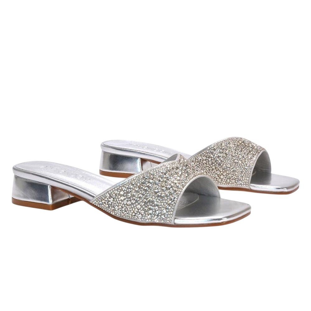 Metallic Silver - Pack Shot - XY London Womens-Ladies Erica Metallic Low Block Heel Mule Sandals