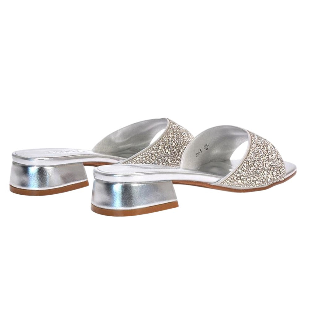 Metallic Silver - Back - XY London Womens-Ladies Erica Metallic Low Block Heel Mule Sandals