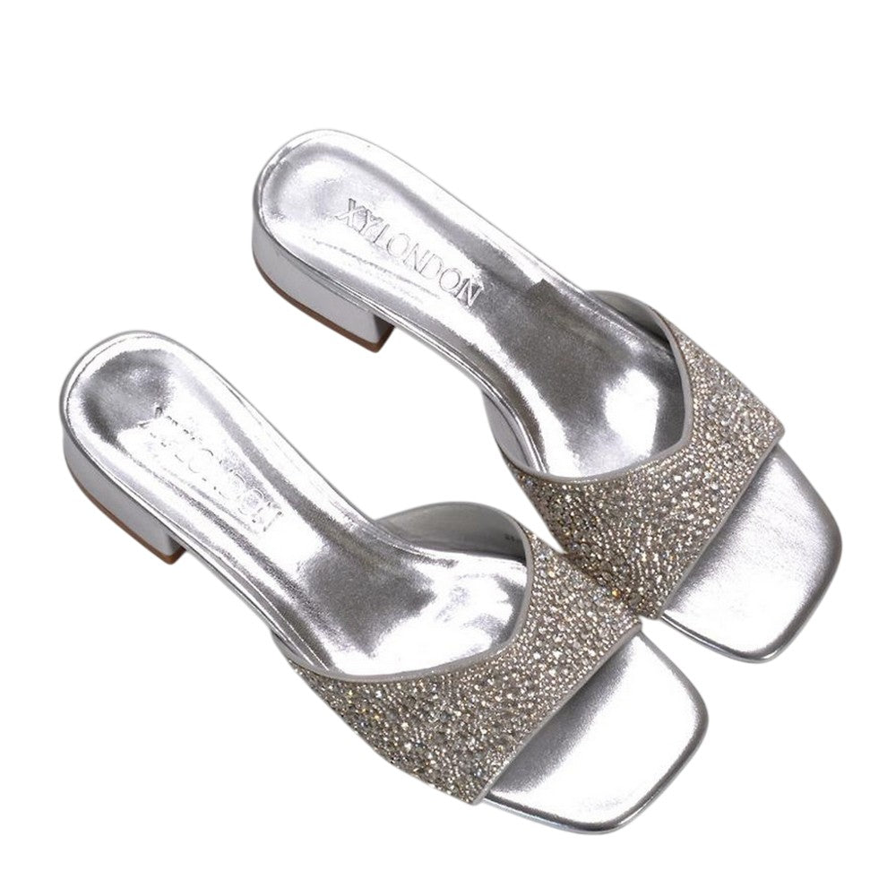 Metallic Silver - Close up - XY London Womens-Ladies Erica Metallic Low Block Heel Mule Sandals