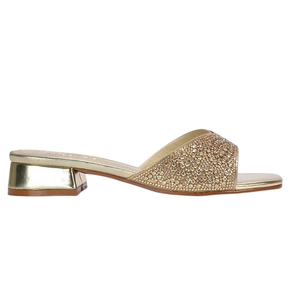 Metallic Gold - Side - XY London Womens-Ladies Erica Metallic Low Block Heel Mule Sandals