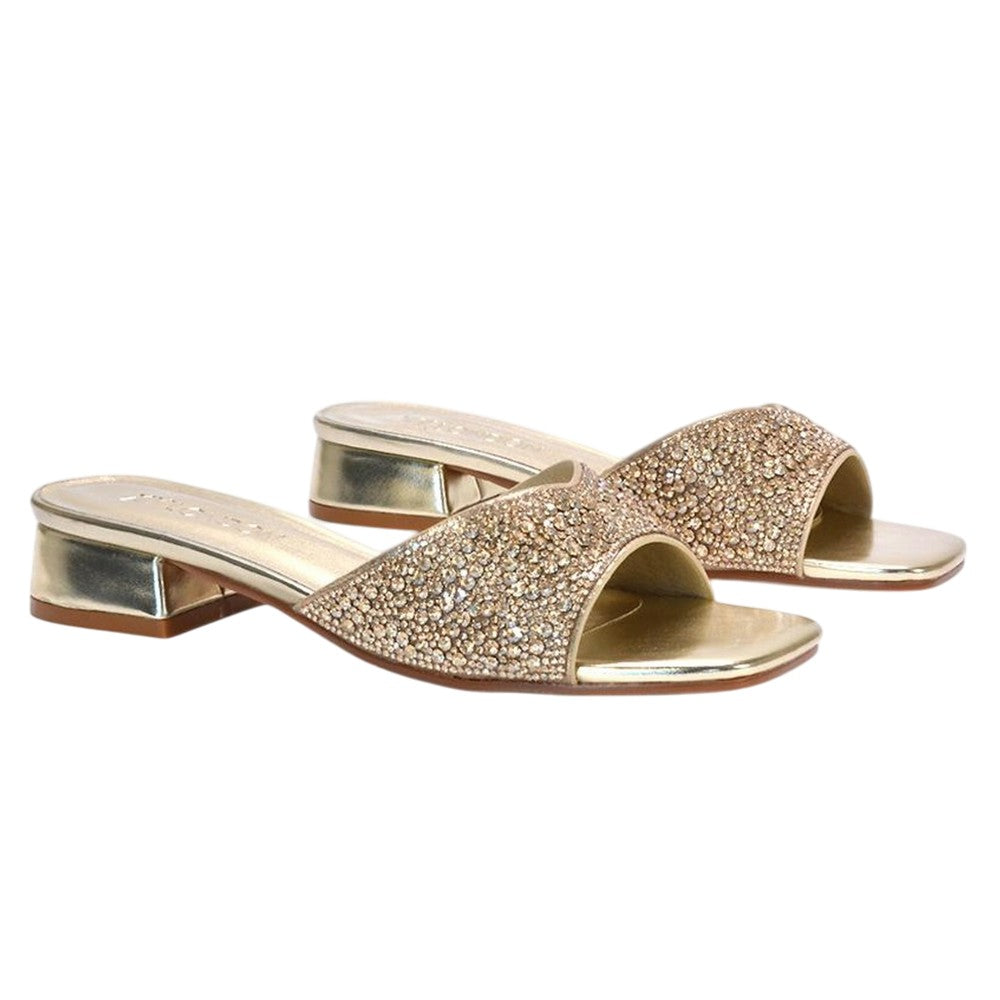 Metallic Gold - Pack Shot - XY London Womens-Ladies Erica Metallic Low Block Heel Mule Sandals